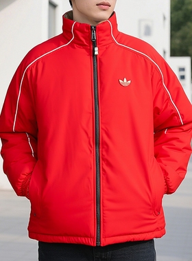 阿迪达斯三叶草红色棉服男士双面穿运动服新年款棉袄外套KA0822