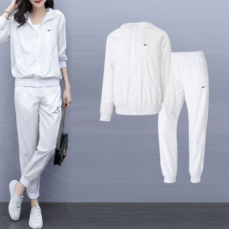 NIKE耐克正品白色梭织套装女装夹克长裤子连帽外套休闲宽松运动服