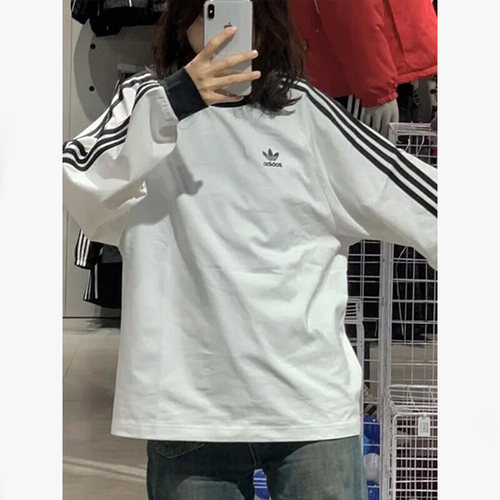 阿迪达斯长袖白T恤男装女装2025新款透气休闲圆领套头衫KE5825