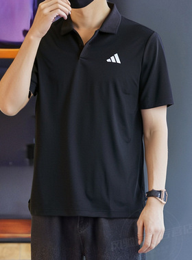 Adidas阿迪达斯男黑色POLO衫春夏跑步透气运动休闲短袖T恤HS3236