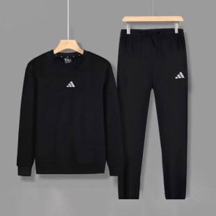 阿迪达斯套装男官网正品黑色休闲运动圆领卫衣长裤跑步两件套男