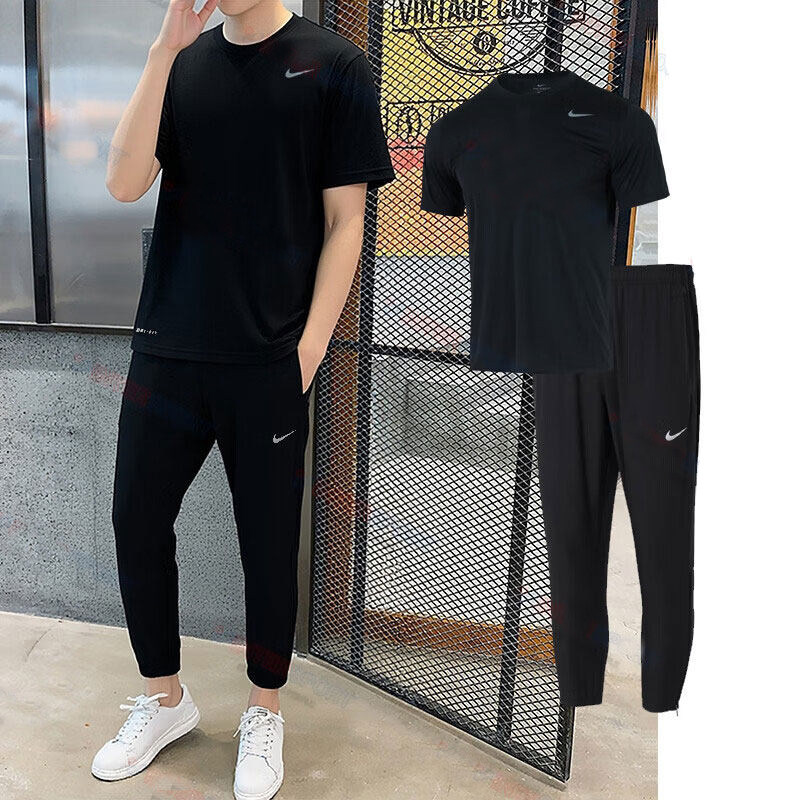 nike耐克男装速干黑色短袖T恤收口长裤子跑步健身训练服运动套装