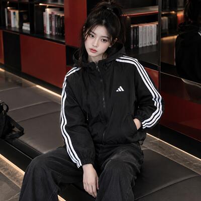 Adidas阿迪达斯梭织连帽夹克女装秋装款休闲外套跑步运动服JZ2162