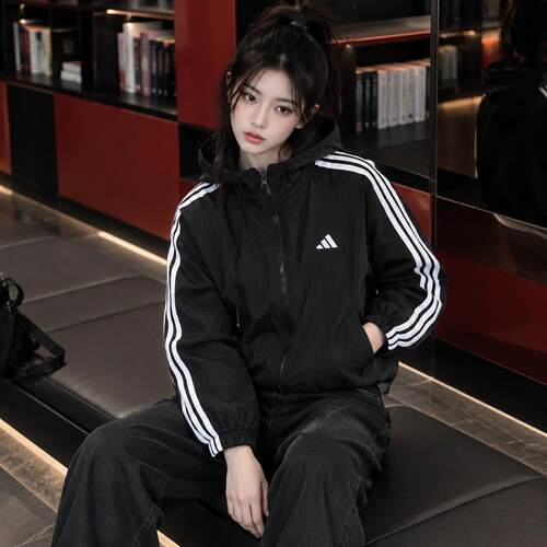 Adidas阿迪达斯梭织连帽夹克女装秋装款休闲外套跑步运动服JZ2162