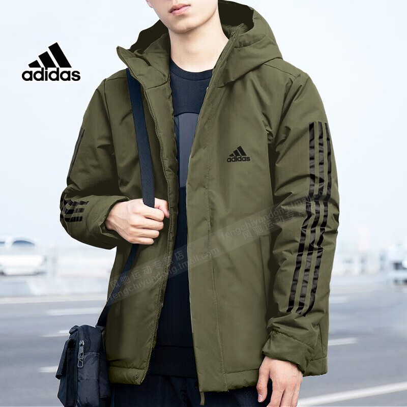 阿迪达斯绿色短款棉服外套男上衣秋冬运动户外保暖连帽夹克IP2537