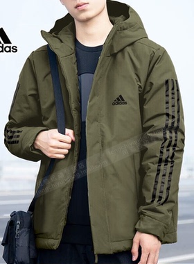 阿迪达斯绿色短款棉服外套男上衣秋冬运动户外保暖连帽夹克IP2537