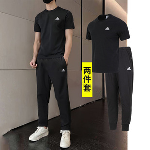 夏季 T恤长裤 新款 跑步训练服透气黑色短袖 子 运动套装 阿迪达斯男装