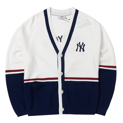 MLB针织夹克男女装新款奶油色学院风开衫运动休闲服3AKCV0144