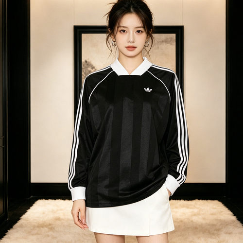 adidas阿迪达斯三叶草休闲三条纹提花长袖T恤女装套头衫KD2897
