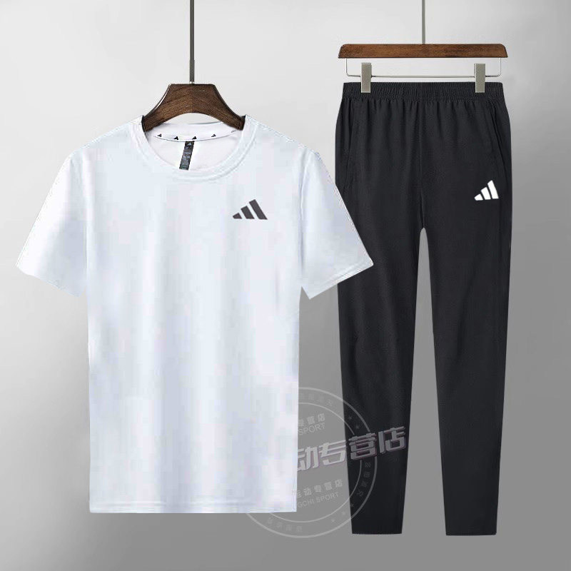阿迪达斯运动套装男装春春季跑步休闲短袖白色T恤长裤子两件套