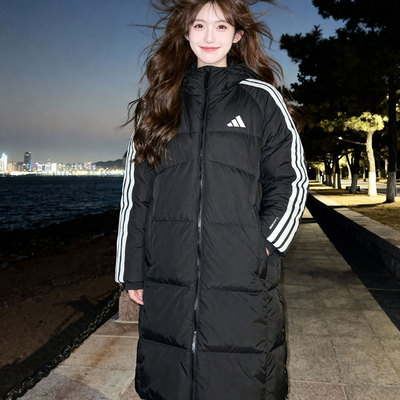 正品过膝长款羽绒服女阿迪达斯冬季新款韩版三条杠面包服KC2498