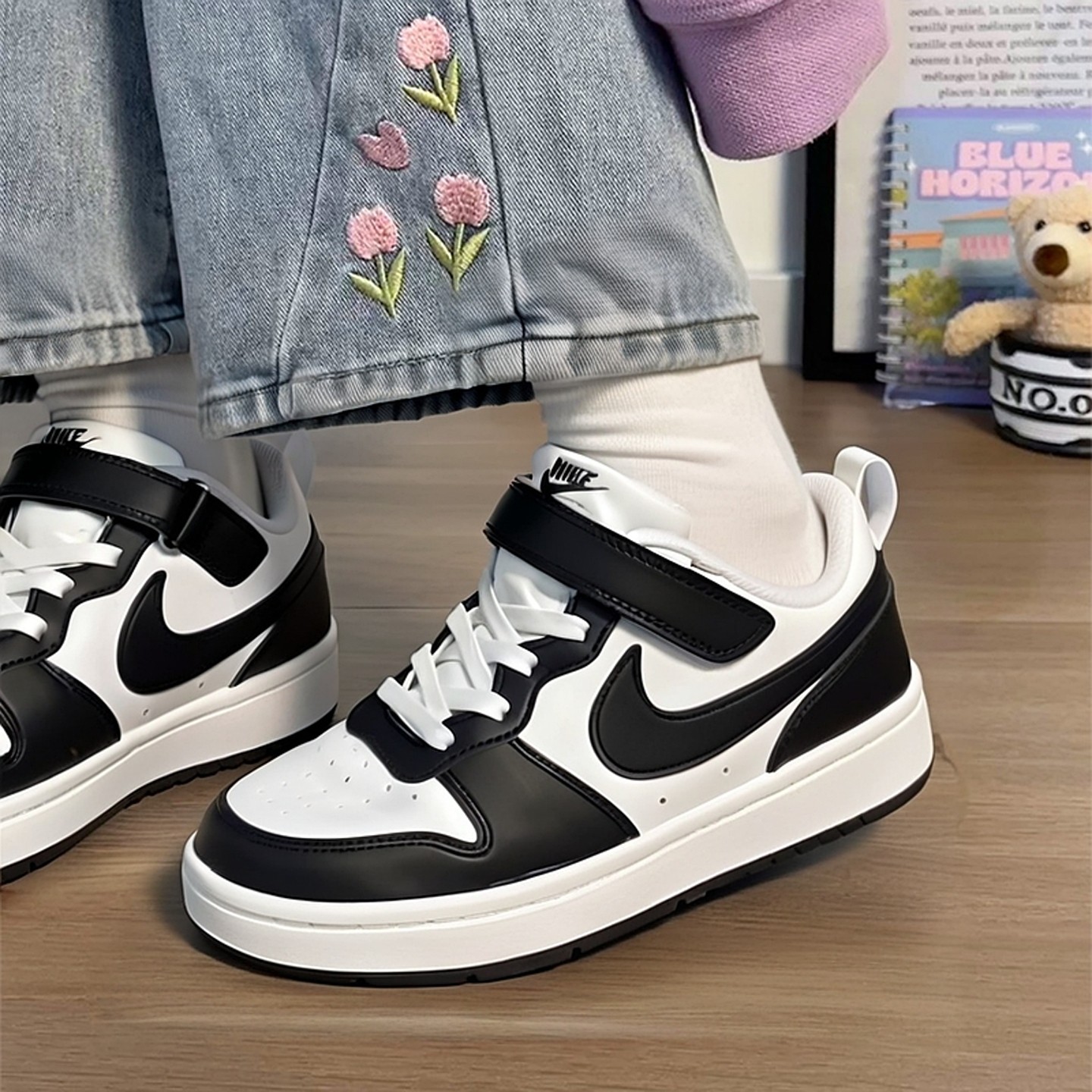 Nike耐克板鞋2025冬季新品黑白熊猫低帮童鞋魔术贴鞋带时尚休闲鞋,运动鞋new,童鞋/青少年鞋,淘宝优惠券,粉丝福利购,淘宝优惠卷