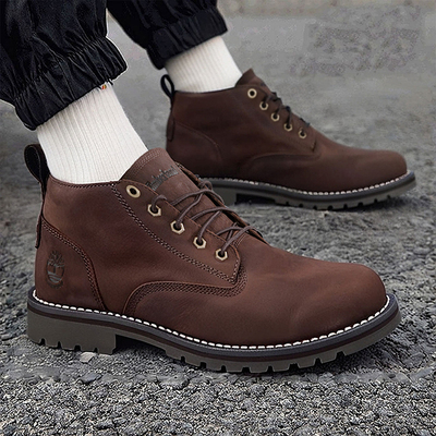 添柏岚棕色靴子男鞋秋冬新款复古休闲鞋中帮运动鞋男士短靴A44MG