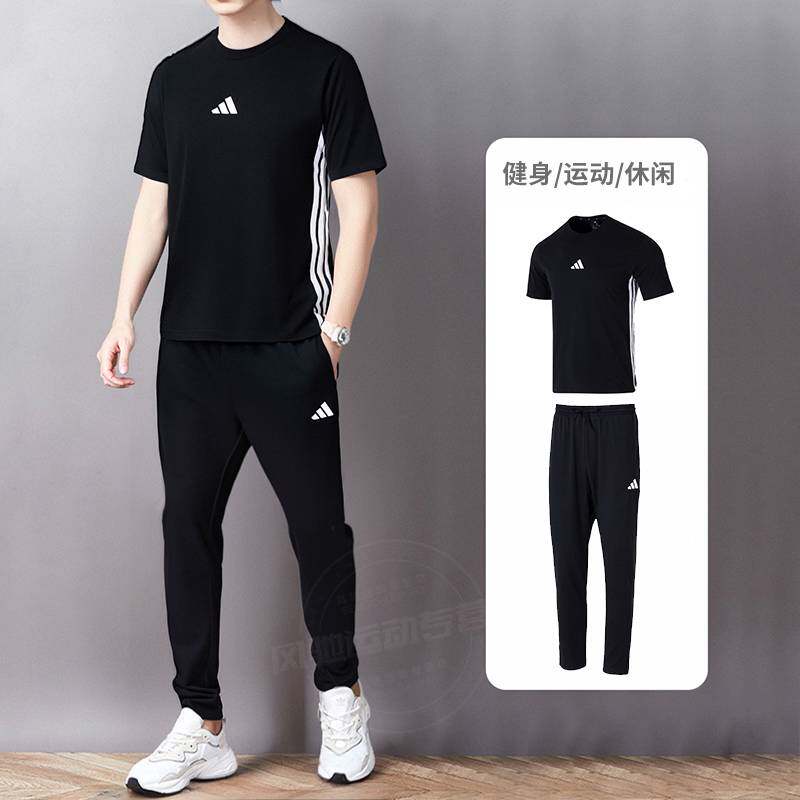 阿迪达斯运动套装男款三条纹短袖t恤休闲透气针织长裤官方两件套