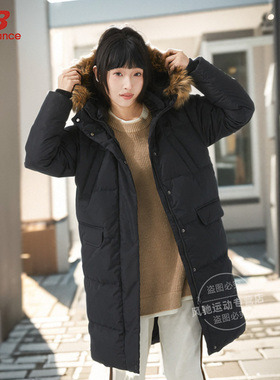 中长款羽绒服女黑色毛领外套NEW BALANCE25冬季NB加厚保暖运动服