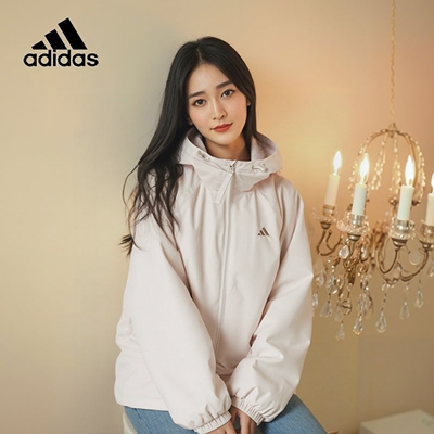 阿迪达斯粉色梭织连帽外套女装26春季新款加绒保暖运动服KS2808