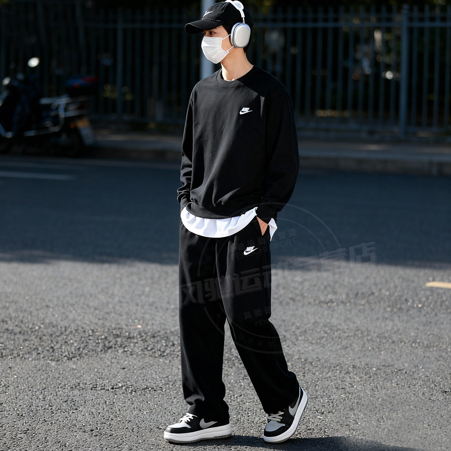 NIKE耐克男装黑色运动套装针织圆领卫衣套头衫直筒长裤26新款休闲