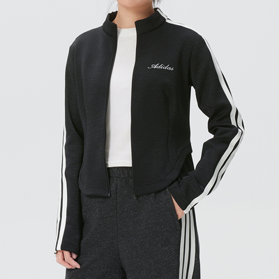 阿迪达斯女装针织夹克外套26秋季新款修身黑色立领运动服KX8909