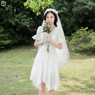森系订婚登记礼服领证小白裙平常可穿夏 旅拍轻婚纱法式 白小仙