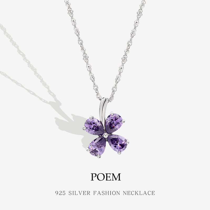 POEM925纯银紫锆石幸运草项链女