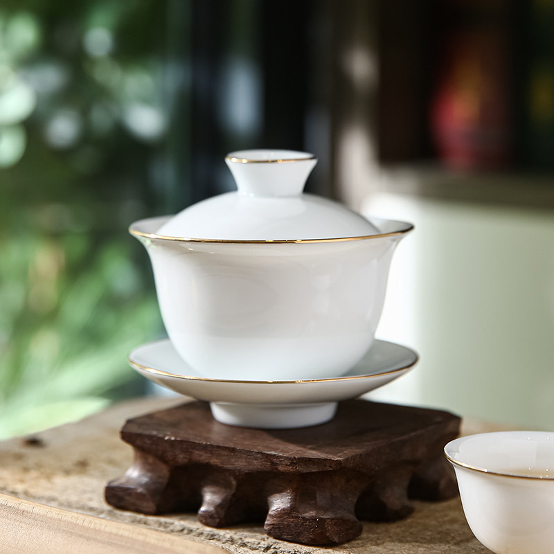 描金白瓷三才盖碗泡茶碗茶杯新中式陶瓷冲茶器简约轻奢定制礼品,餐饮具,盖碗,淘宝优惠券,粉丝福利购,淘宝优惠卷