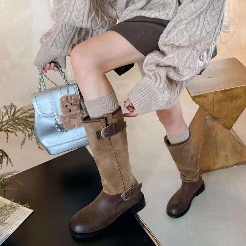 牛皮~董洁同款真皮中筒靴棕色长筒靴女复古骑士靴西部牛仔堆堆靴