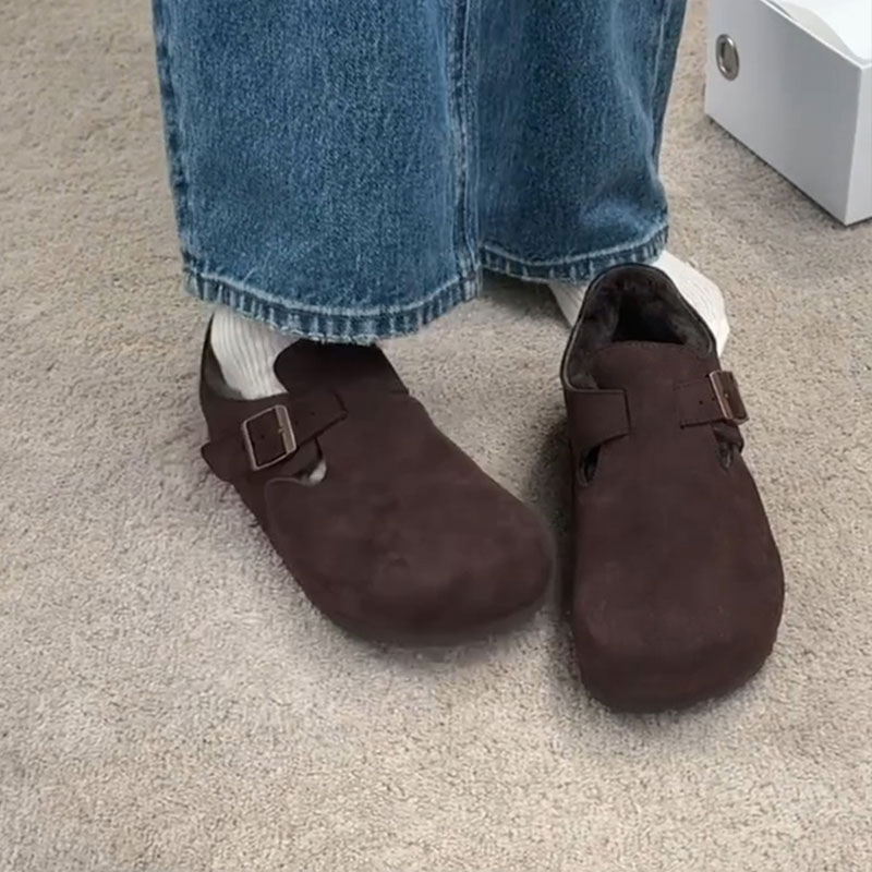 【牛皮版】勃肯鞋女冬季舒适休闲一脚蹬博肯鞋增高厚底羊毛雪地靴