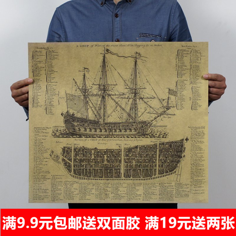 帝国古战舰复古牛皮纸材质室内装饰画酒吧咖啡馆宿舍壁纸贴画挂画图片