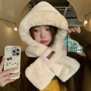 毛绒帽子围巾一体女冬季2025新款百搭保暖防风防寒围脖护耳雷锋帽
