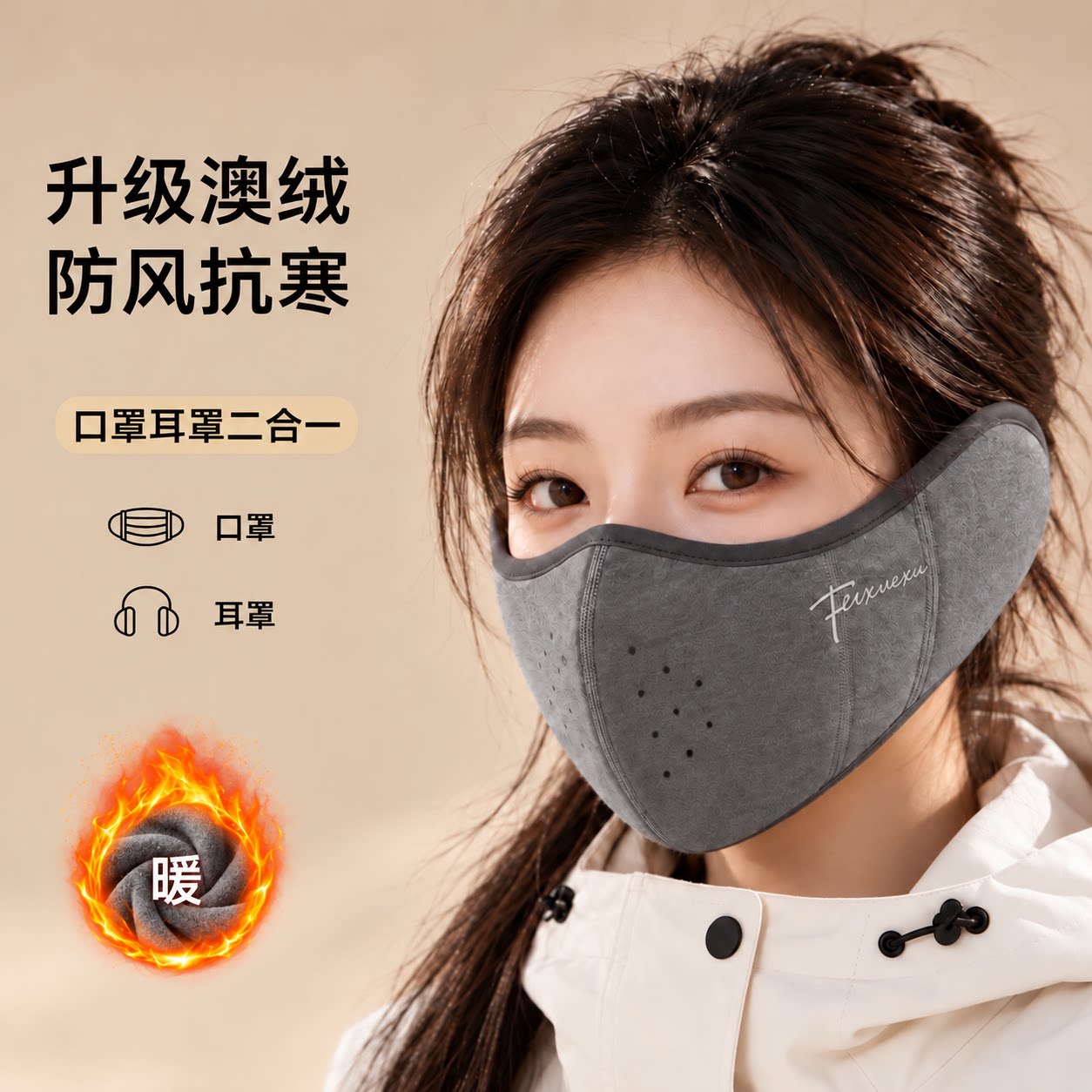 冬季口罩耳罩二合一女士户外防寒高颜值面罩骑行保暖加厚防冻脸罩