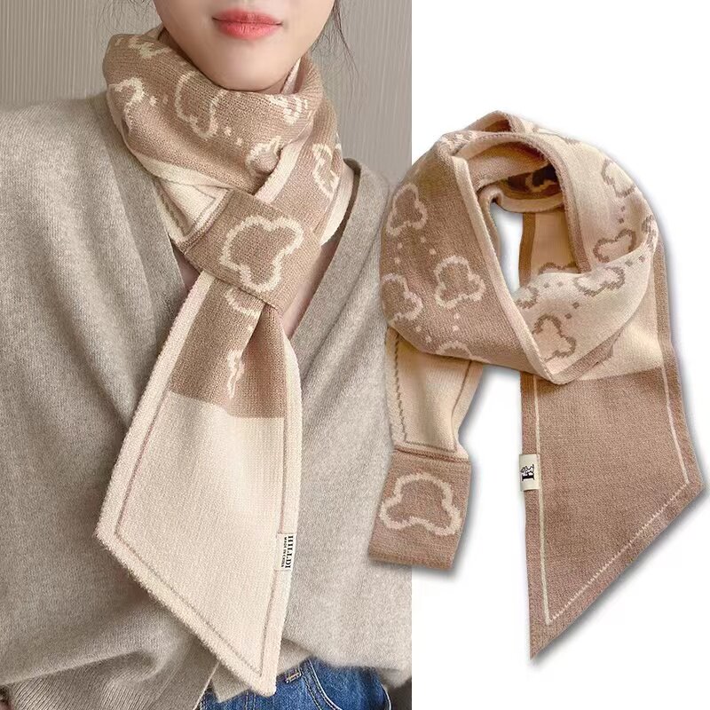 小熊围巾女秋冬季双面保暖围脖2023新款斜角边百搭脖套护颈小领巾