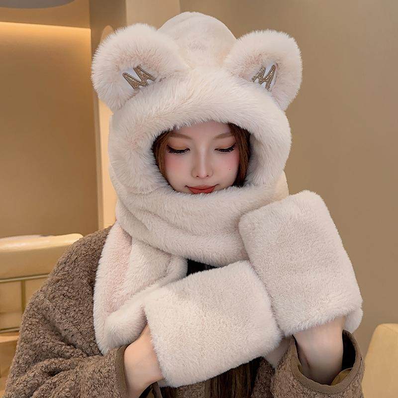 可爱毛绒小熊帽子围巾手套一体女冬季加厚保暖防风护颈连帽雷锋帽,服饰配件/皮带/帽子/围巾,帽子,淘宝优惠券,粉丝福利购,淘宝优惠卷