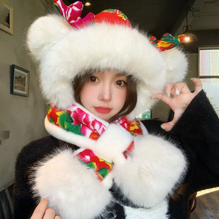 中国风东北大花鹿角毛绒帽子围巾一体女冬加厚保暖护耳连帽两件套