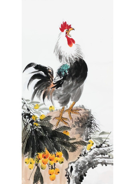 金鸡报晓画 手绘公鸡画 枇杷果画 团圆吉祥画 雄鸡一声天下白挂画