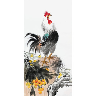金鸡报晓画 手绘公鸡画 枇杷果画 团圆吉祥画 雄鸡一声天下白挂画