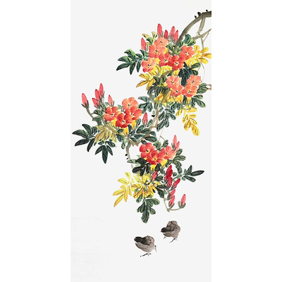 凌霄花手绘画定制 手工水墨鸡的画 电表箱遮挡画 凌霄画宫廷送礼