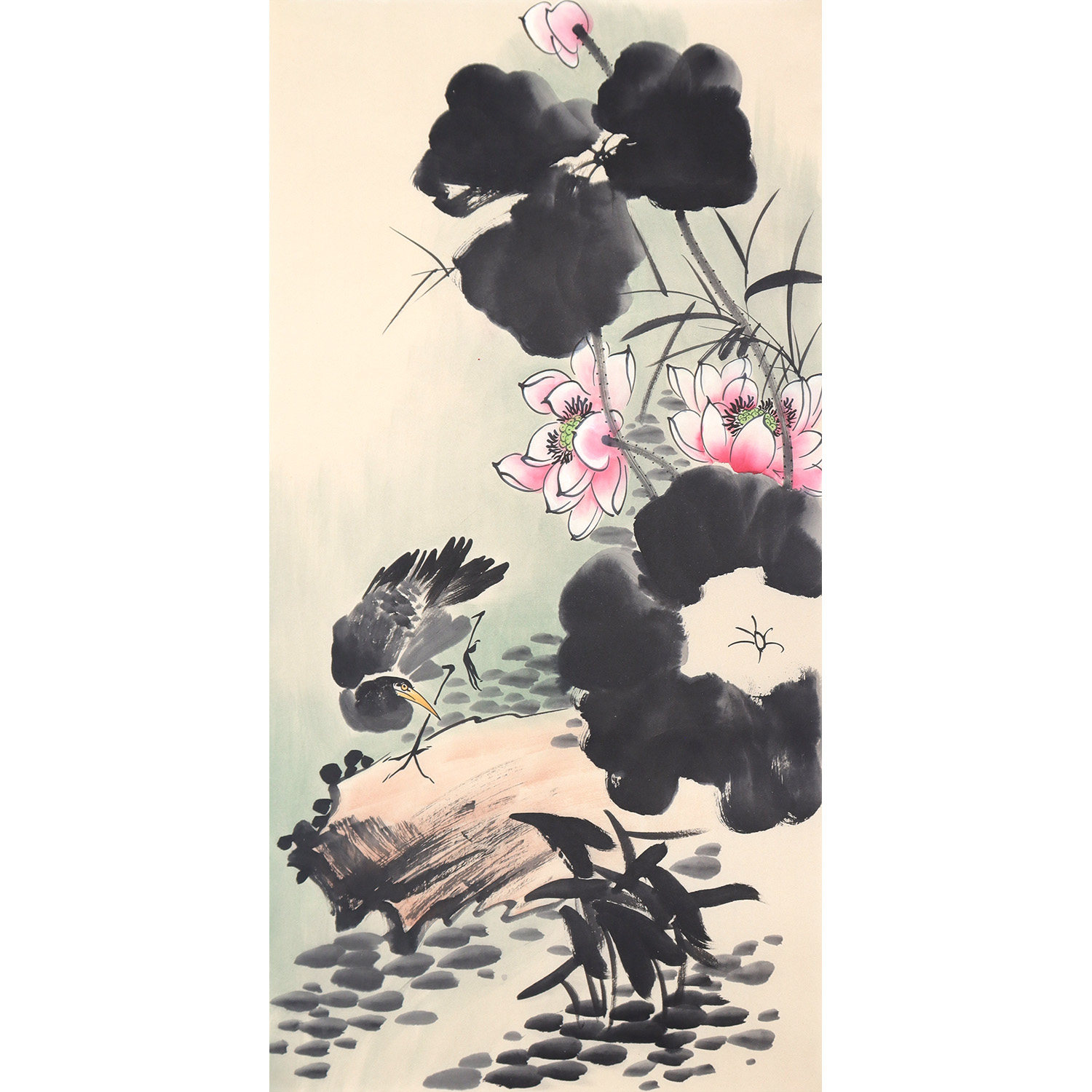 荷塘月色画 手绘水墨荷花画 苍鹭画 野鹭仿古挂画 李苦禅鹭鸶国画