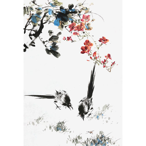 手绘喜鹊画山茶花挂画68x45中式传统齐白石水墨野花图书房客厅画