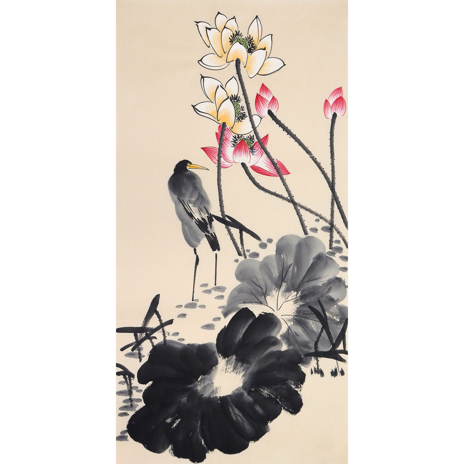 荷塘月色画 手绘水墨荷花画 苍鹭画 野鹭荷叶挂画 李苦禅鹭鸶国画