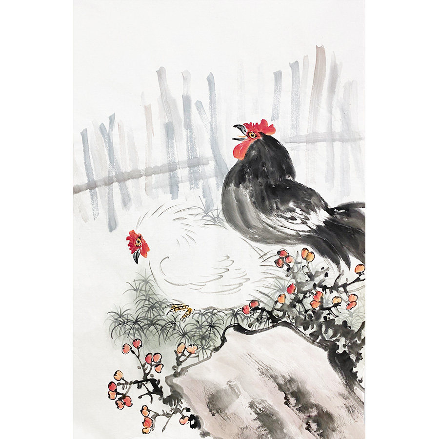 手绘大写意双鸡画临摹齐白石大公鸡国画农家茶室中式宣纸金鸡挂画