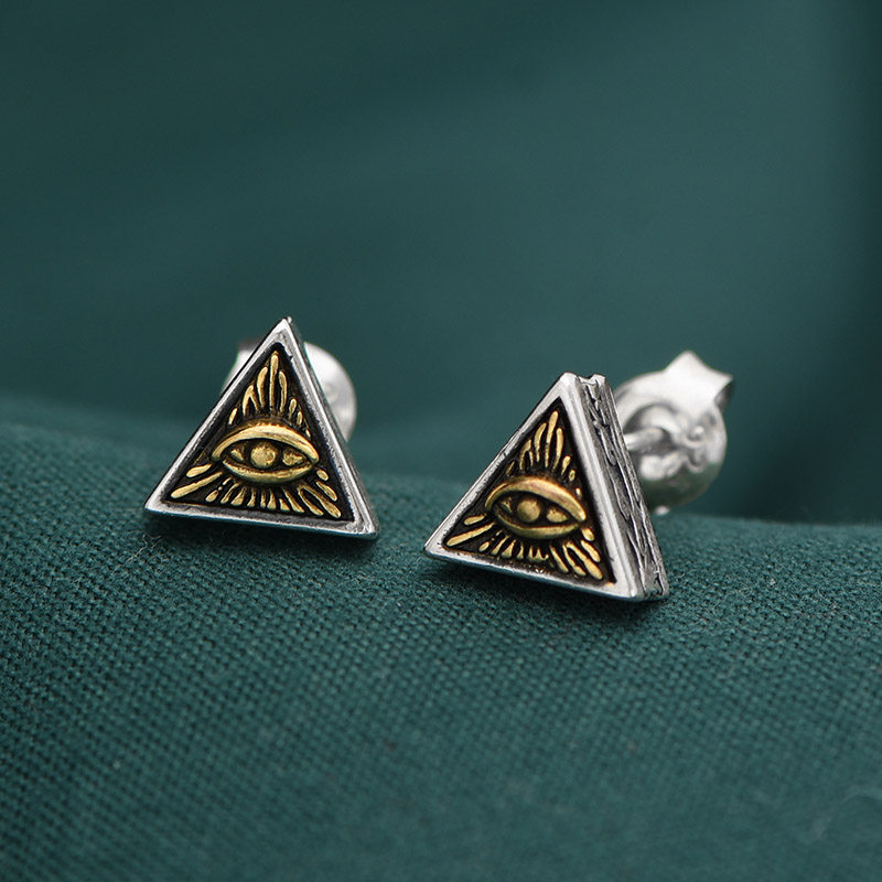 银の曼上帝之眼耳钉个性复古男耳钉高级感三角形眼睛泰银耳饰单只