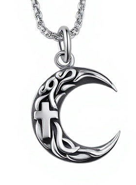 925银复古月牙十字架锁骨项链