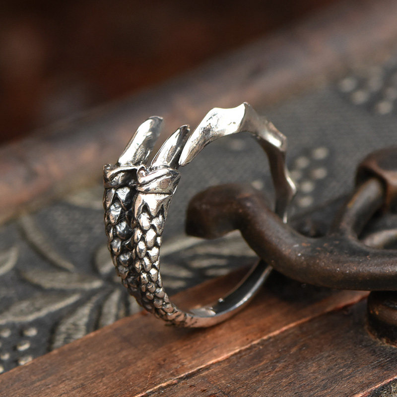 925银开口复古戒指嘻哈个性男小指环神兽朱雀尾戒银饰装饰男女戒
