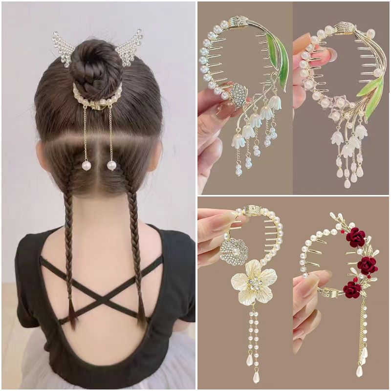 古风铃兰花丸子头发流苏后脑勺抓夹发夹儿童高级盘发夹子新款头饰