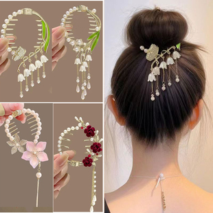 古风铃兰花抓夹女盘发夹子汉服流苏马尾扣后脑勺丸子头发夹扣头饰