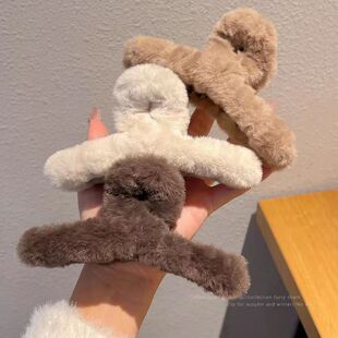 韩国奶咖色系超大毛绒抓夹大号后脑勺简约发夹发抓女秋冬季鲨鱼夹