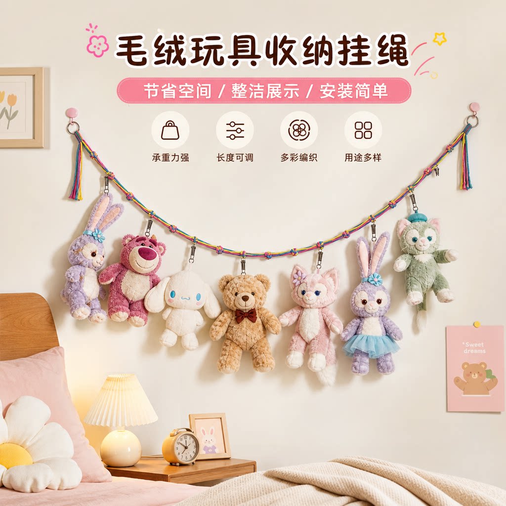 毛绒玩具墙面挂绳省空间收纳神器