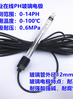 玻璃PH电极  工业在线ph计电极 PH检测探头 耐腐蚀 耐酸 耐碱ph