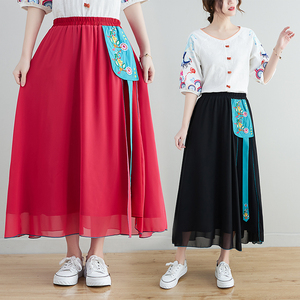 RM24859#春夏民族风女装半身裙文艺复古中国风雪纺绣花大摆中长裙女