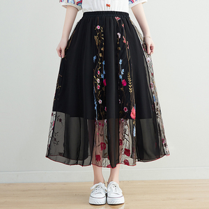RM24858#复古民族风刺绣半身裙 春夏女气质中长裙 网纱绣花大摆裙女